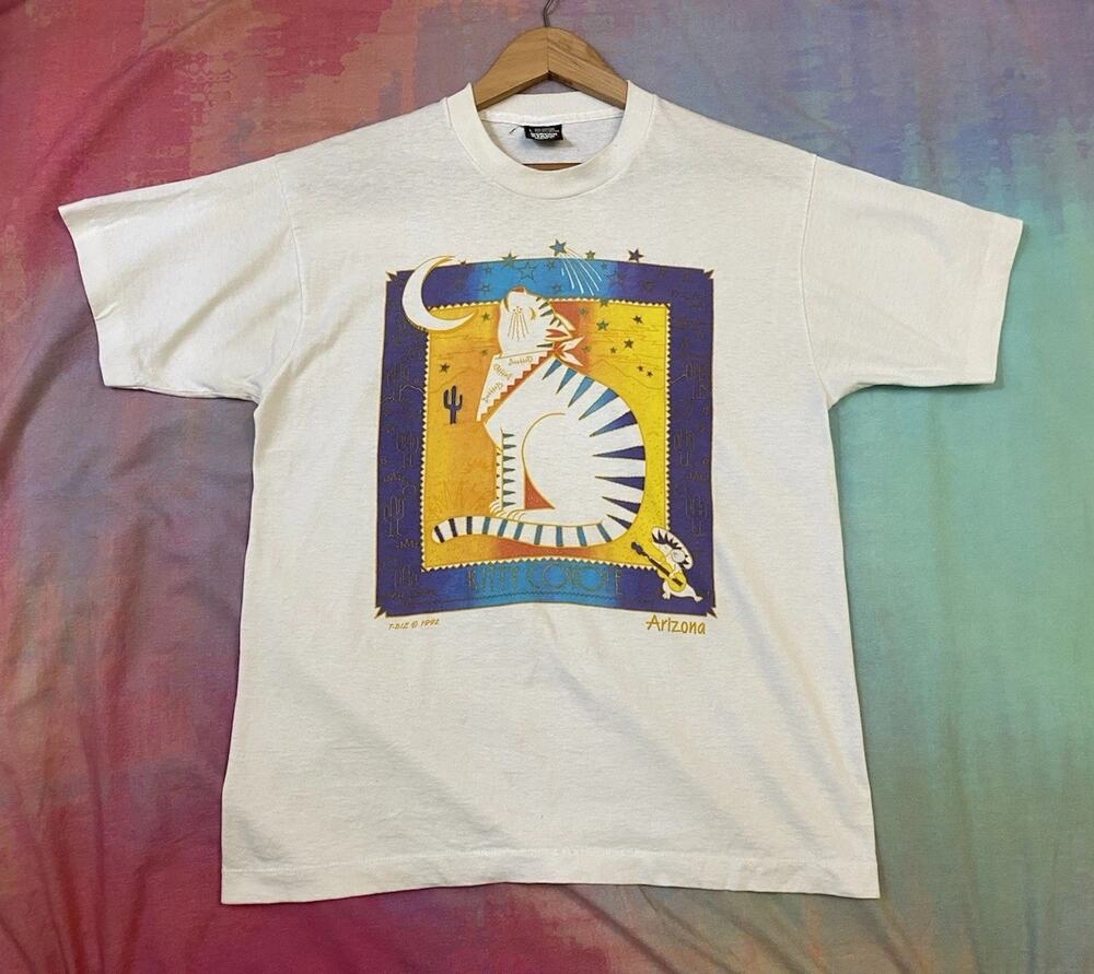 Vintage 90s Celestial Cat Arizona Cosmic Single Stitch T Shirt Size L Stars Moon